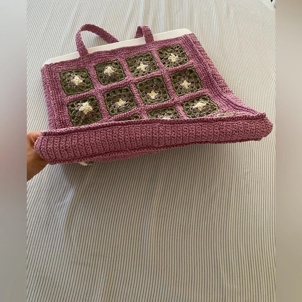 Tory Burch Pink & Green Raffia Hand Crochet Tote Bag
